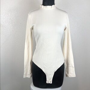 NEW PINKMSTYLE Bodysuit Cream Color High Ruffle Neck Long Sleeve Ribbed Size L